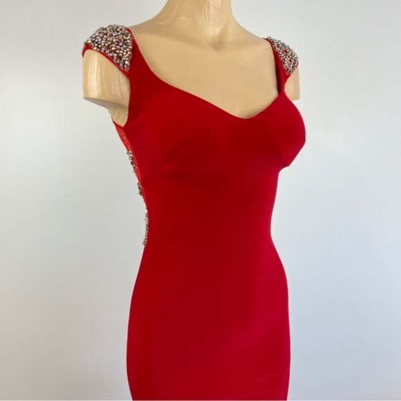 STUNNING Red Alyce Paris Formal Bedazzled Maxi Prom Dress sheer back size 00 - Picture 2 of 16